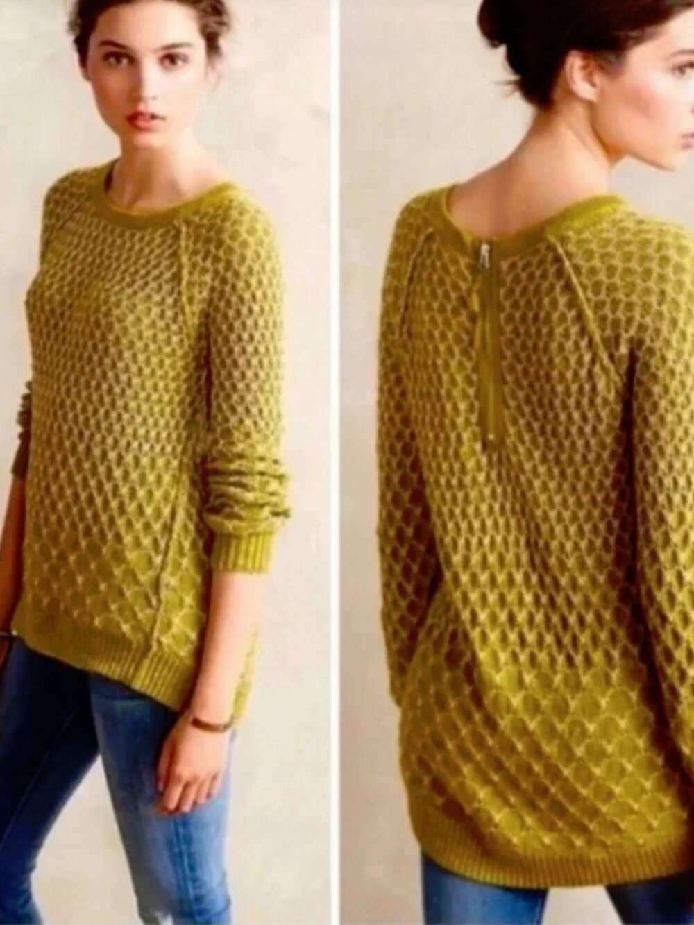 Anthropologie Moth Yellow Green Cotton Honeycomb Pattern Hi-Low Sweater Sm